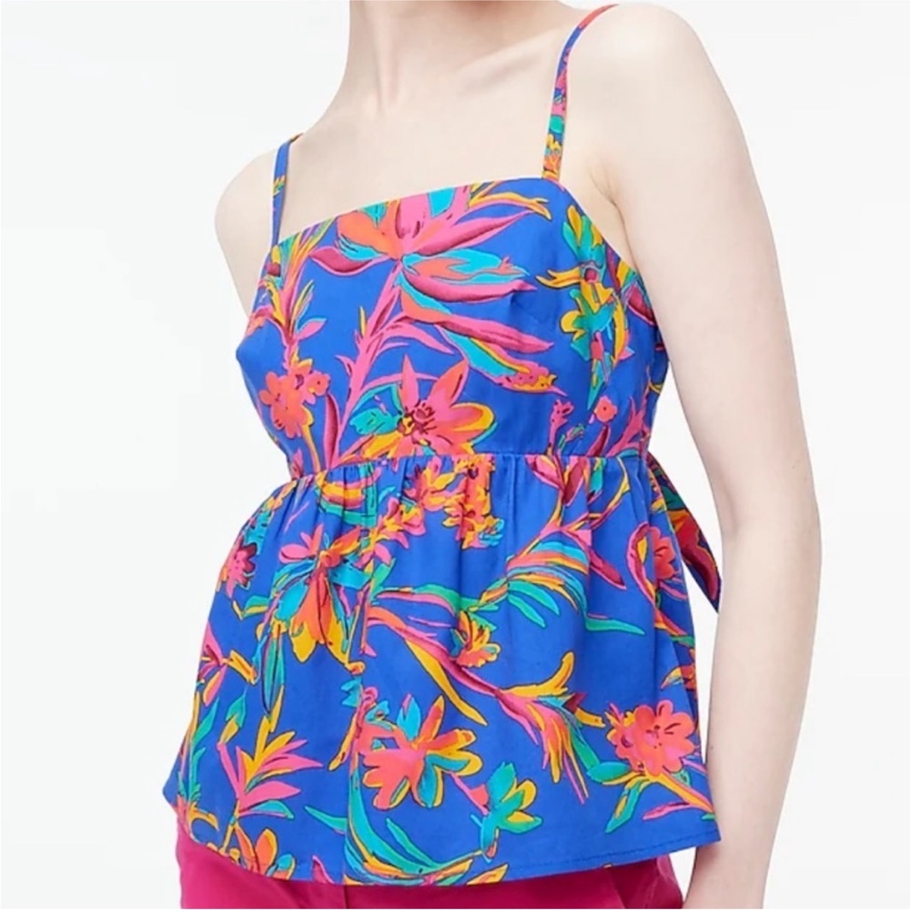 J. Crew Bright Blue Tropical Floral Tie Back Picnic Babydoll Tank Top Size 6